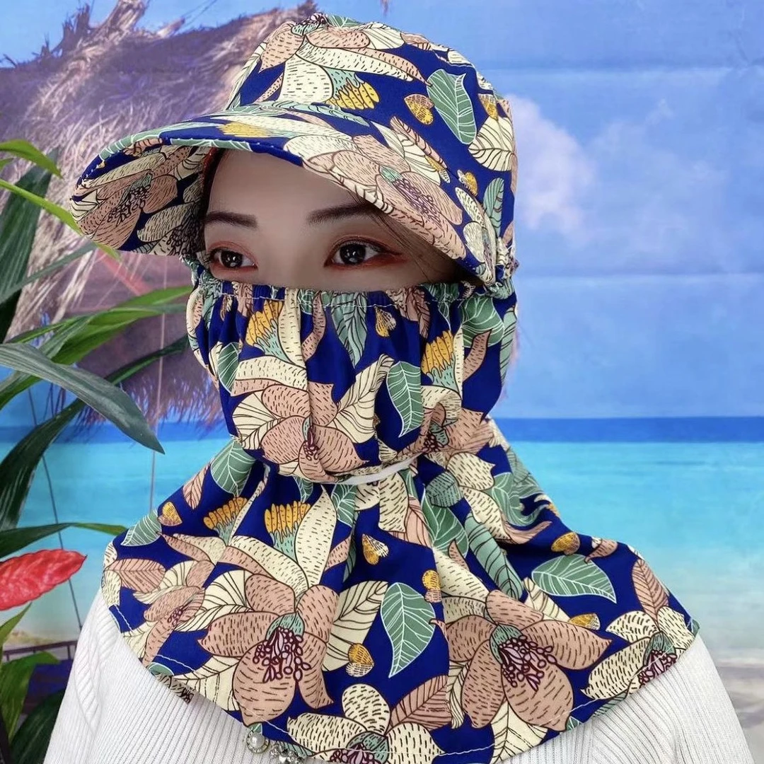 绵绸碎花防晒帽子夏季新款干活遮阳帽户外骑行护颈护脸采茶帽遮脸