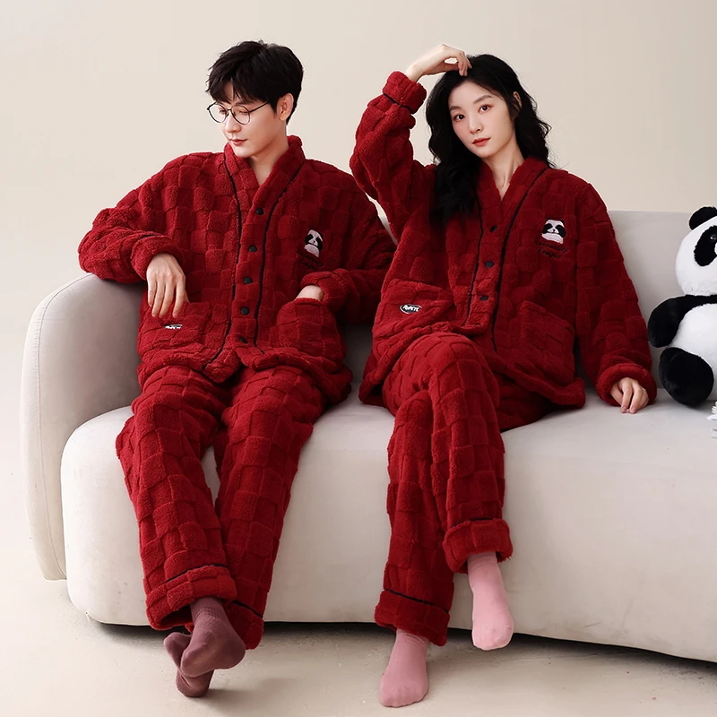 新款红色情侣睡衣秋冬款珊瑚绒加厚开衫家居服男女套装新婚喜庆冬