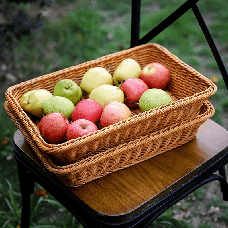 超市果蔬零食收纳篮仿藤编水果篮手工编织展示篮子方形塑料编织筐