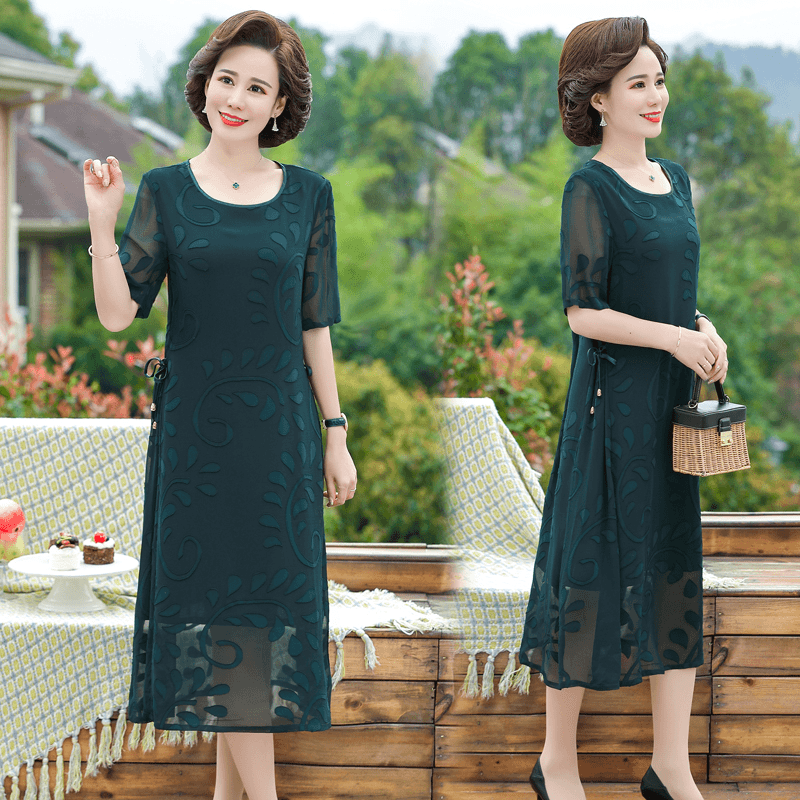 连衣裙女装裙子妈妈装气质中长款洋气夏季中年夏装大码时尚剪花裙