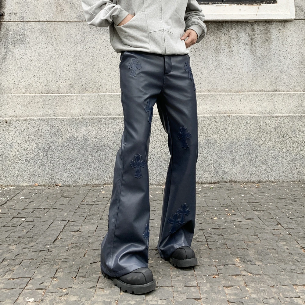 十字架皮标休闲红色皮裤直筒裤欧货高街机车时髦减龄长裤子秋冬