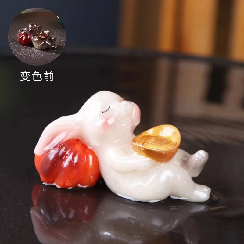 变色茶宠鸿运当头兔子蓝有钱兔年送礼茶盘茶具茶道装饰品茶宠变色
