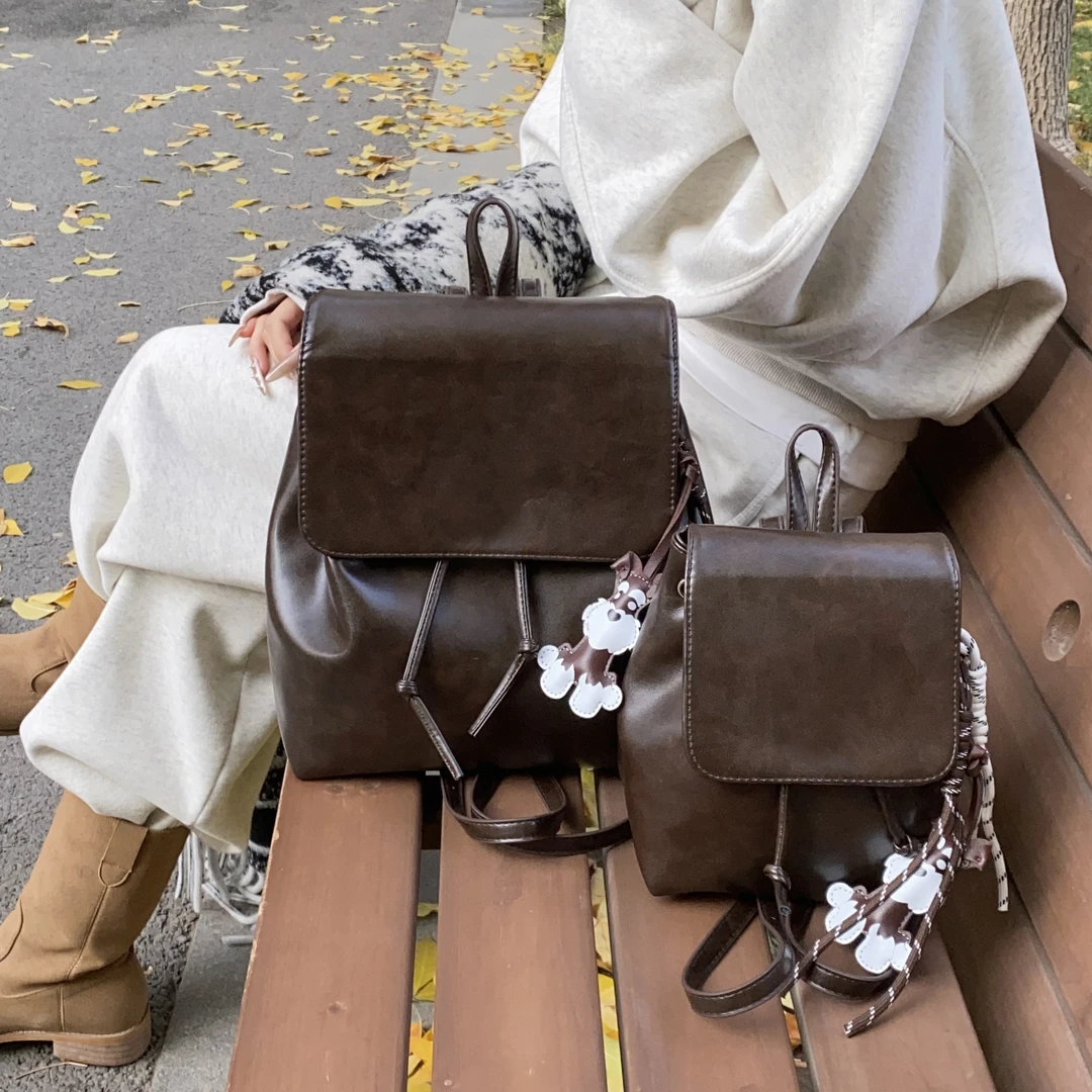 双肩包包女款2024新款今年流行包包书包皮包棕色美式复古百搭包包