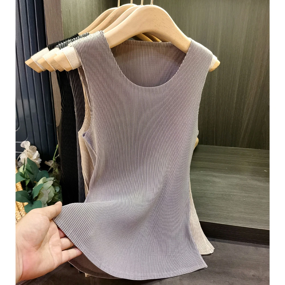 时尚百搭纯色圆领褶皱背心气质通勤显瘦内搭无袖T恤女夏新款