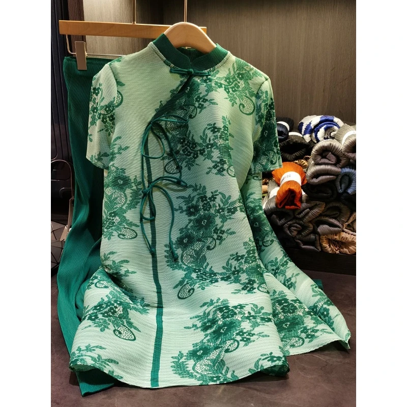 07 中国风青花瓷印花褶皱套装中长款旗袍领上衣+阔腿裤两件套