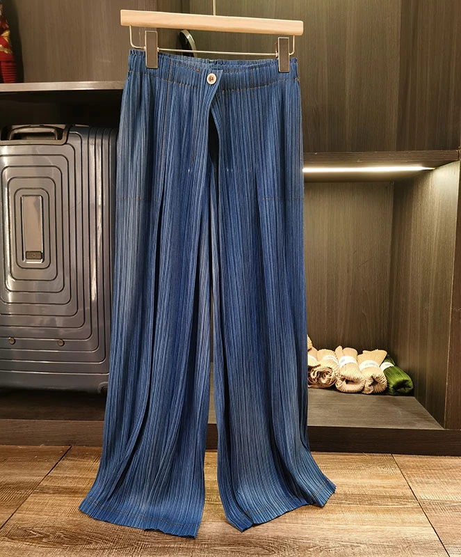 牛仔色褶皱裤蓝色阔腿裤