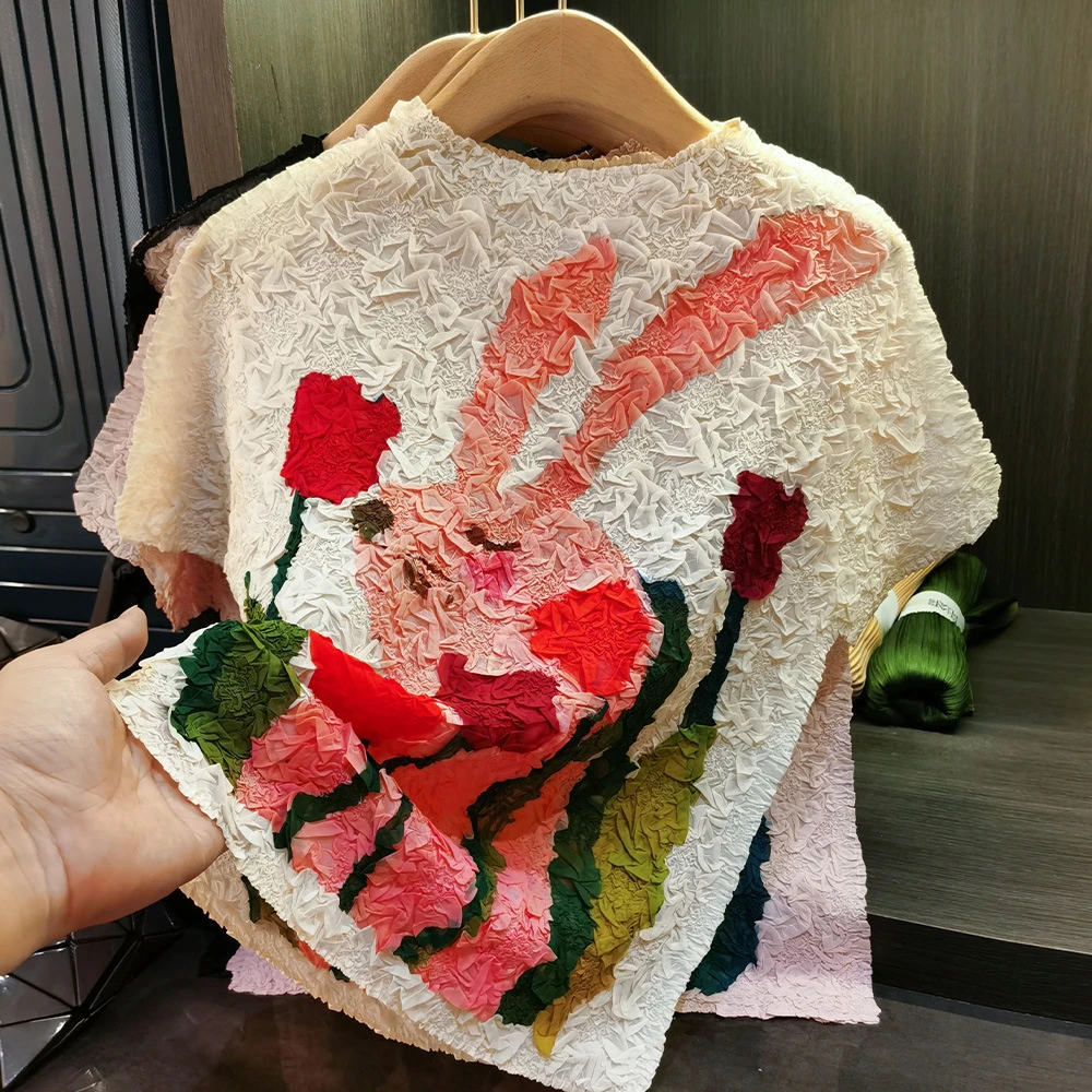 高级感幸运兔子印花褶皱上衣通勤百搭显瘦短袖T恤女夏季新款