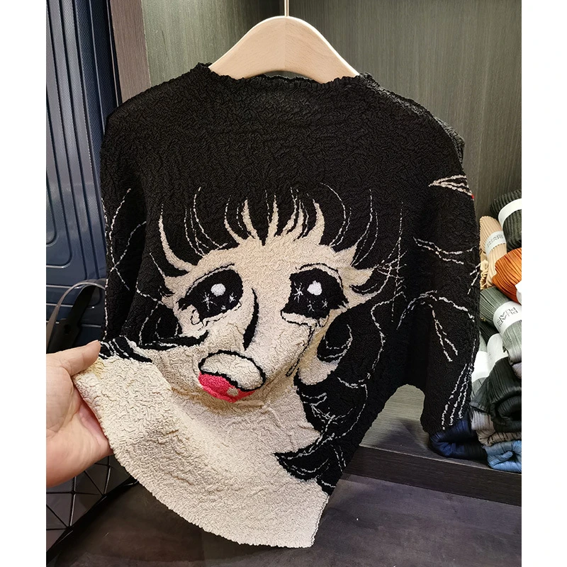 动漫卡通印花七分袖褶皱T恤时尚百搭宽松显瘦上衣女春夏新款