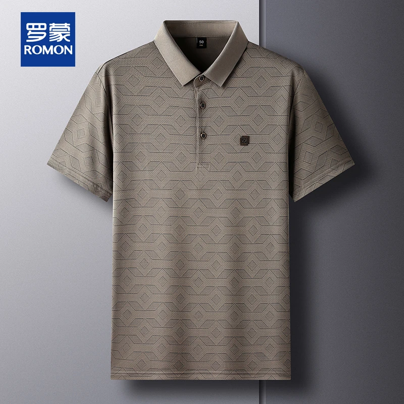 Romon/罗蒙男士短袖商务翻领T恤2024夏季休闲打底衫百搭印花Polo