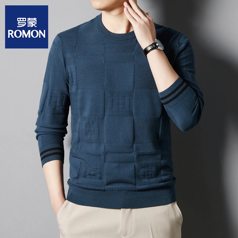Romon/罗蒙圆领针针织长袖T恤男士纯色圆领菠萝针休闲百搭秋冬装