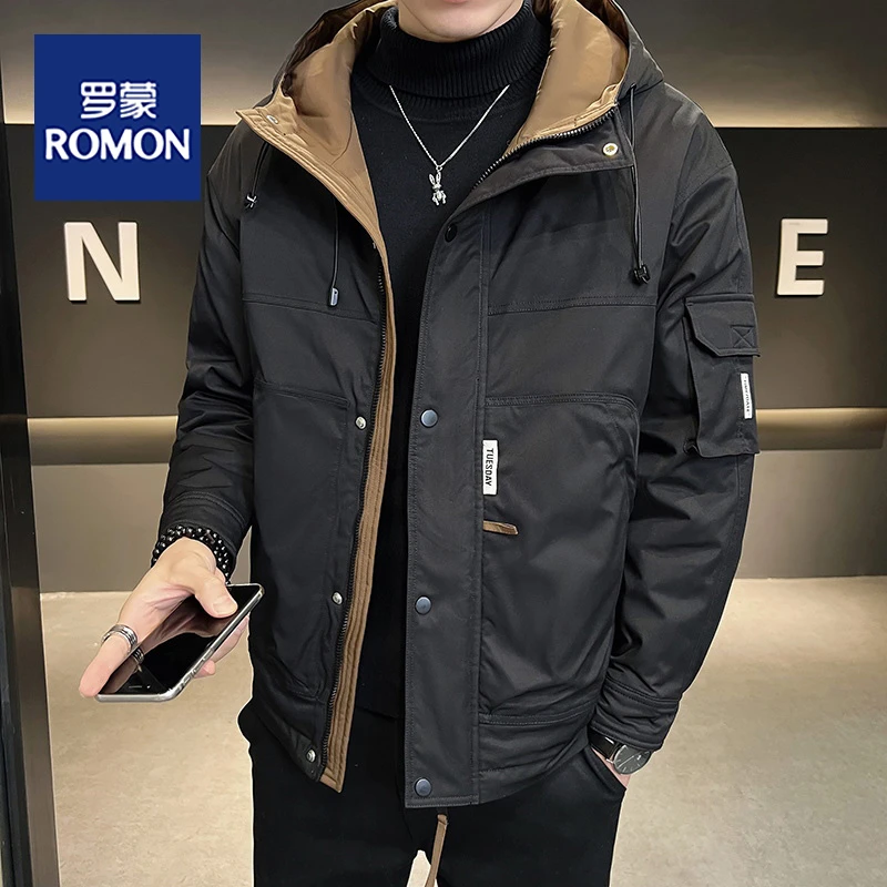 罗蒙秋季新款纯色工装夹克男士潮流韩版连帽净版百搭短款修身外套