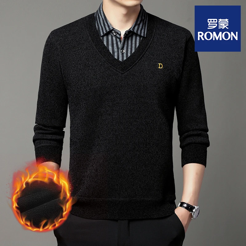 Romon/罗蒙加绒加厚假两件男毛衣提花针织衫衬衫领中老年百搭打底