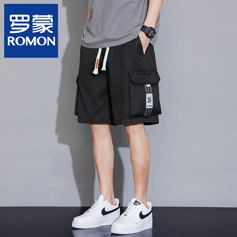 Romon/罗蒙2024夏季男士工装短裤大口袋宽松大码抽绳松紧腰五分裤