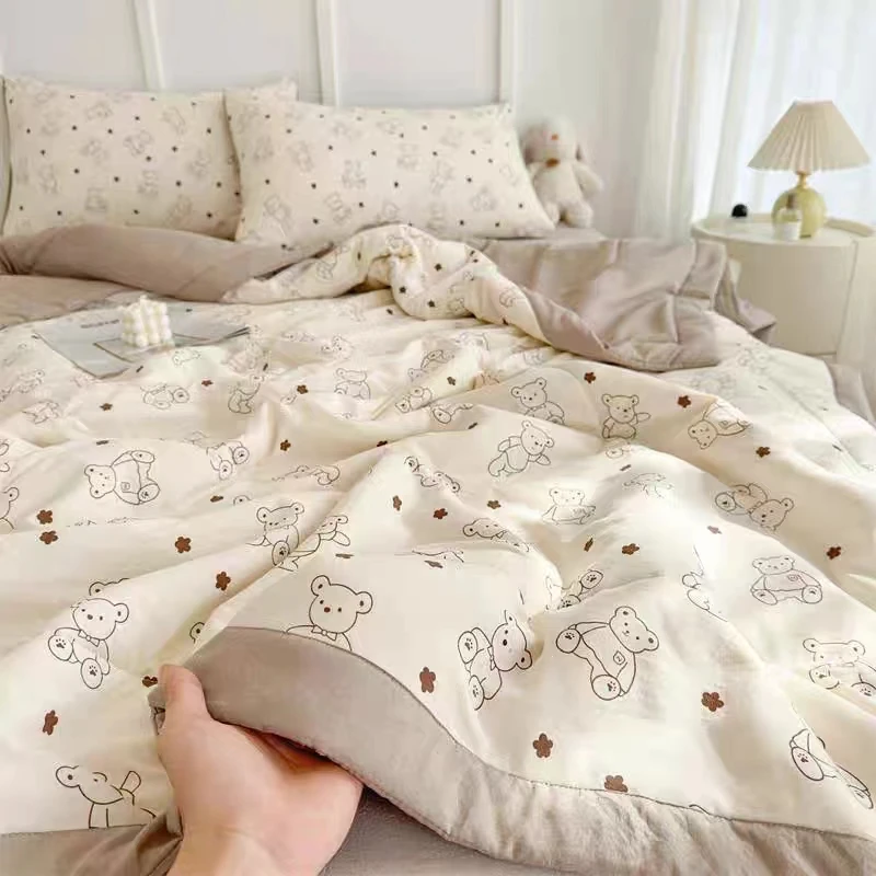 夏凉被夏被水洗棉双层绗缝双面夹棉空调被机洗亲肤印花被子幼儿园