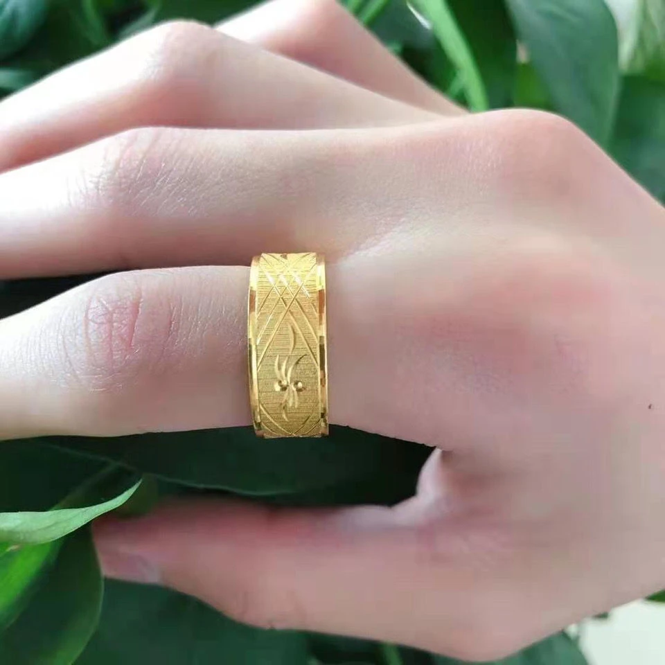 铜合金玻璃戒指 新款时尚花纹金色戒指闭口指环经典霸气高级男款