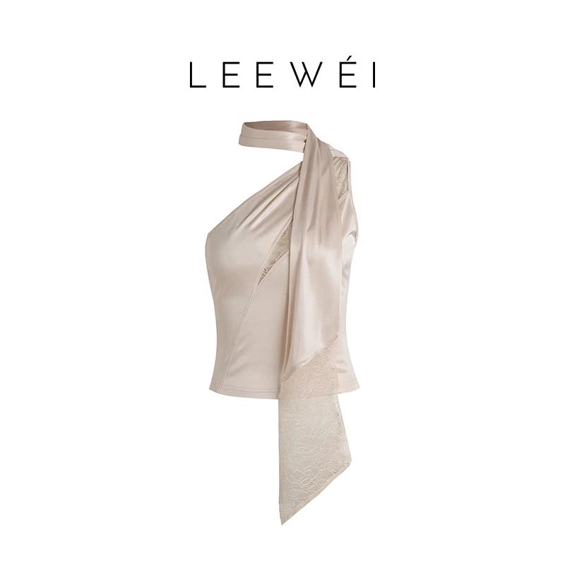 CNLEEWEI2024年新春蕾丝拼接飘带醋酸针织不对称上衣