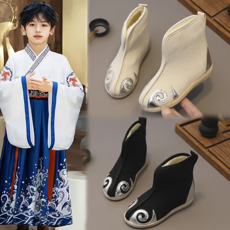 国风汉服鞋男童古装靴子儿童表演出秋冬季新款加绒老北京手工布鞋