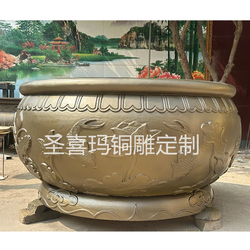 定制纯铜大鱼缸养鱼种花莲花大铜盆招财流水铜门海摆件铸铜大水缸