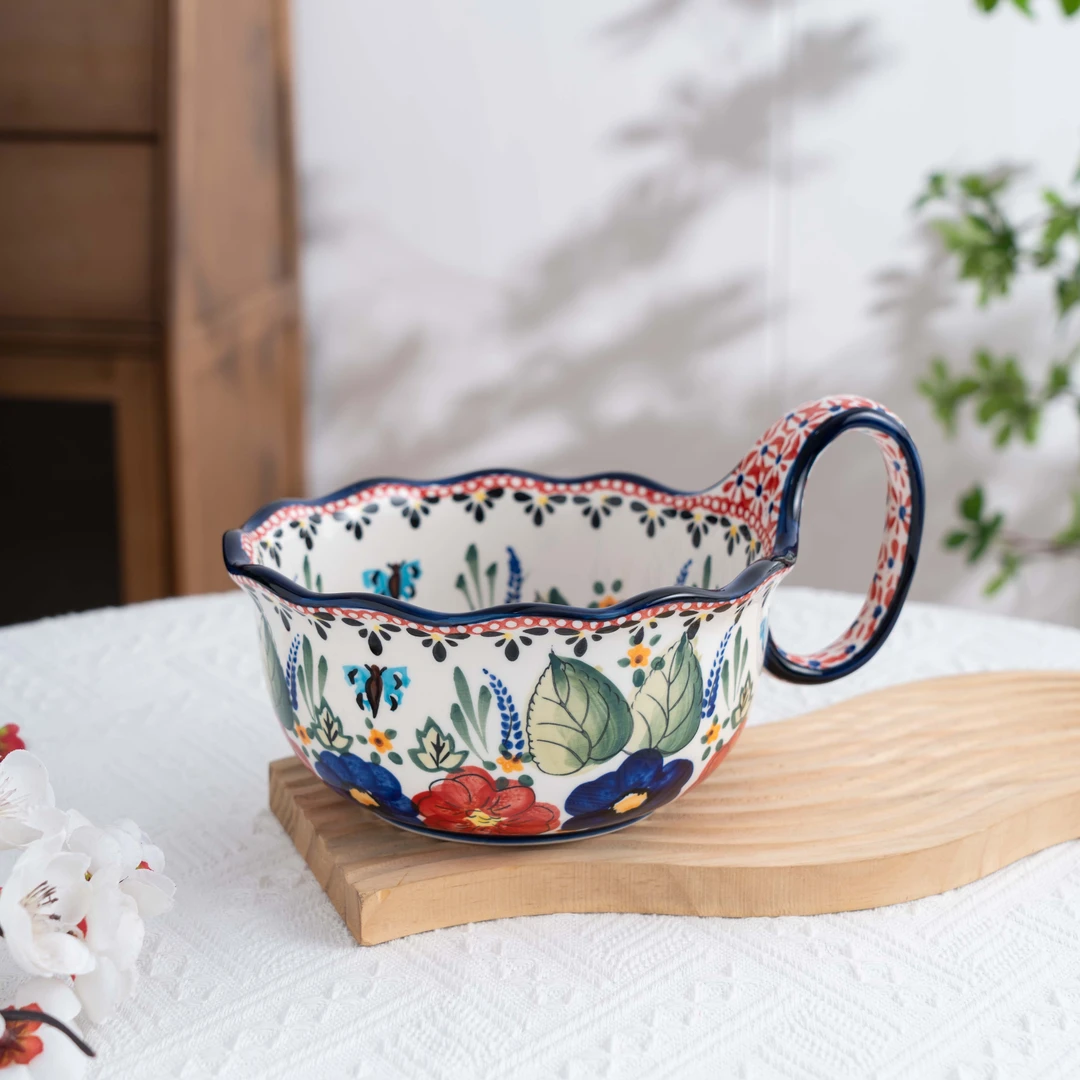 楼兰【西里西亚】手绘8.5英寸花边曲把碗釉下彩单个曲把碗 新疆包邮