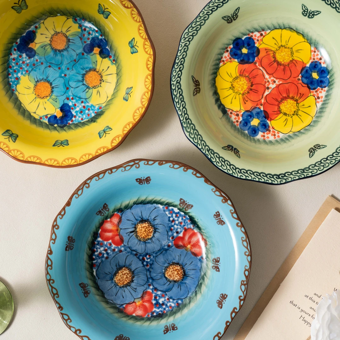 楼兰 新疆包邮【高货拌面盘】家用釉下彩陶瓷8.5英寸草帽盘