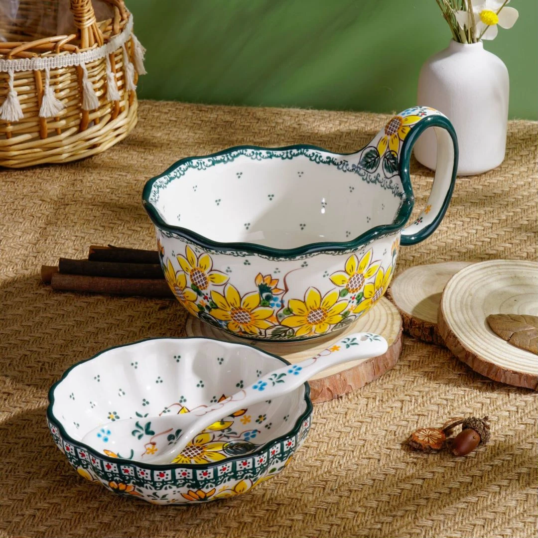 新【阳春白柳】手绘8.5英寸花边曲把碗釉下彩大碗三件套 新疆包邮