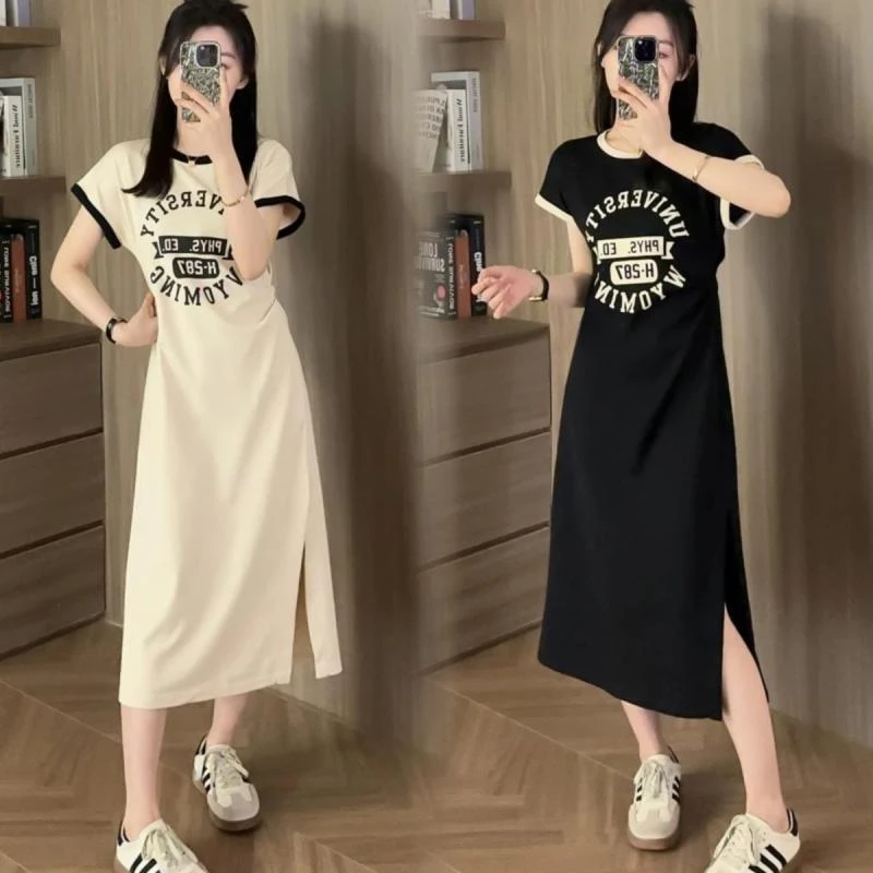 韩版时尚字母印花连衣裙女夏季小个子褶皱收腰显瘦开叉休闲t恤裙