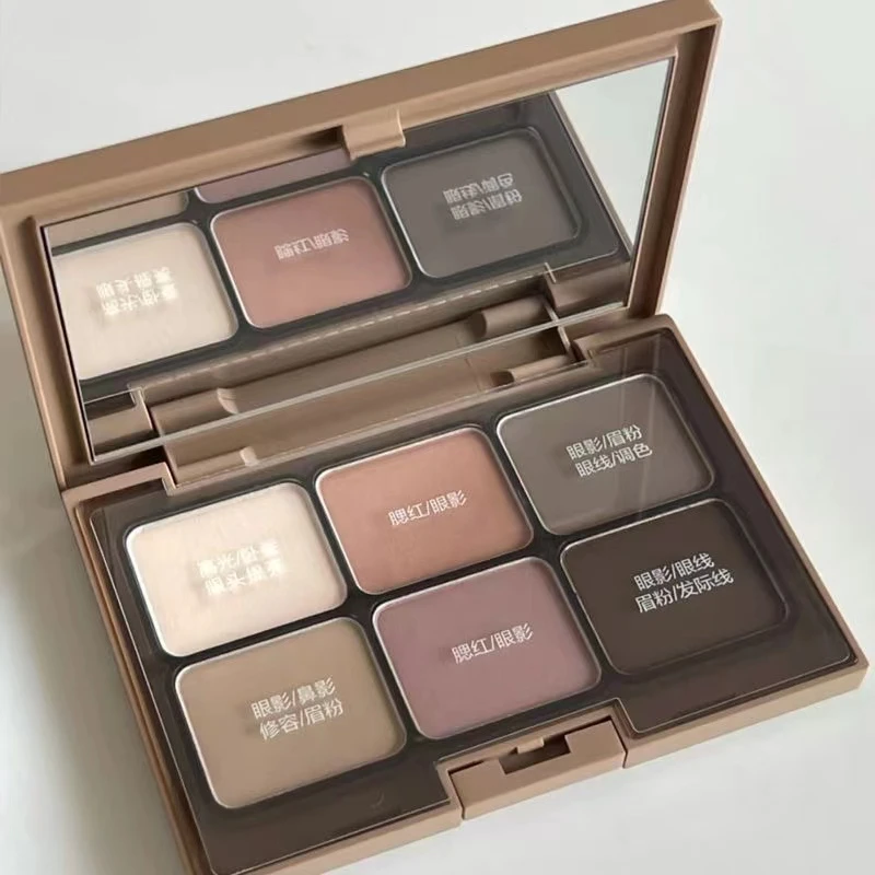素哑六色多功能眼影盘腮红高光修容全哑光粉棕消肿清冷一体盘学生