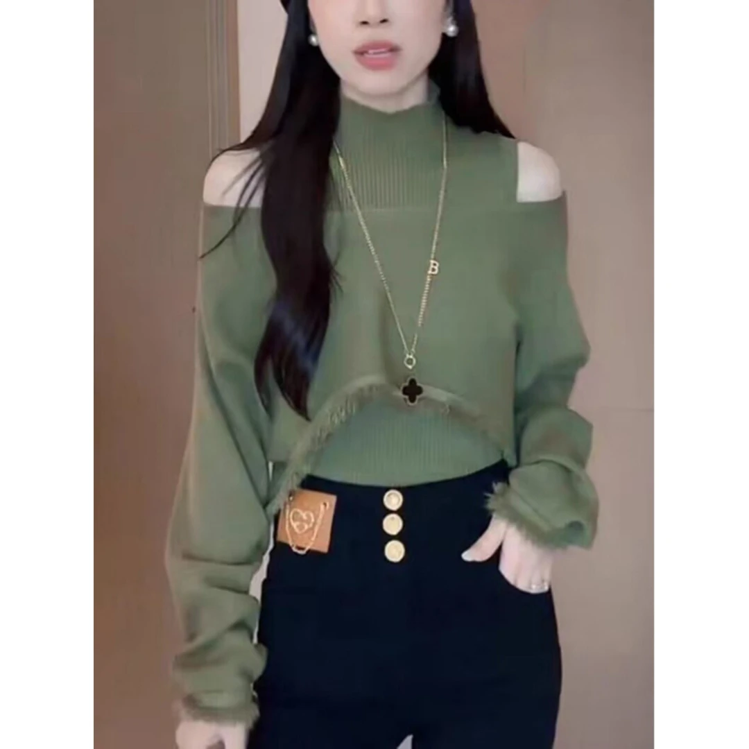 韩版时尚流苏露肩斗篷毛衣两件套女新款轻奢气质别致半高领针织衫