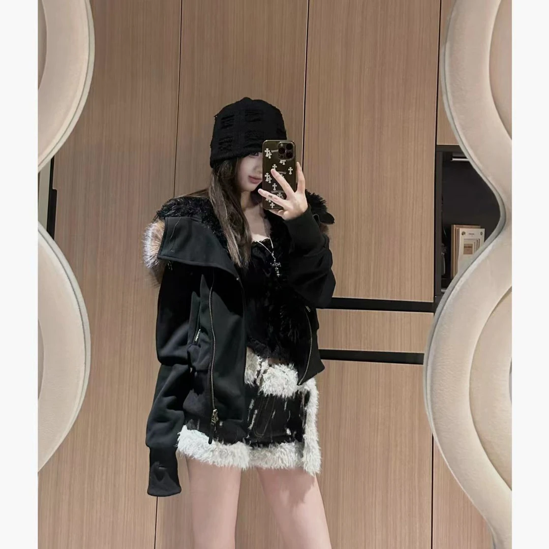 INSERT 连帽毛领斜襟毛绒内胆加厚外套黑色/花灰