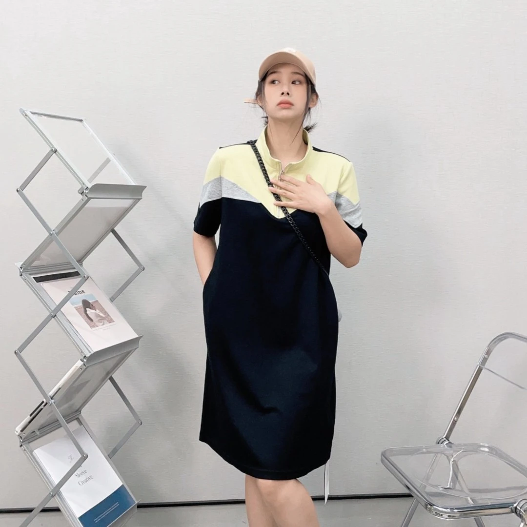 Lohas Town2023夏季新款简约时尚休闲拼色立领拉链裙0401233550