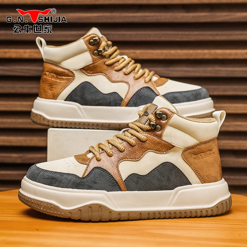 公牛世家男鞋高帮板鞋秋冬新款英伦风复古休闲鞋潮流时尚男休闲鞋