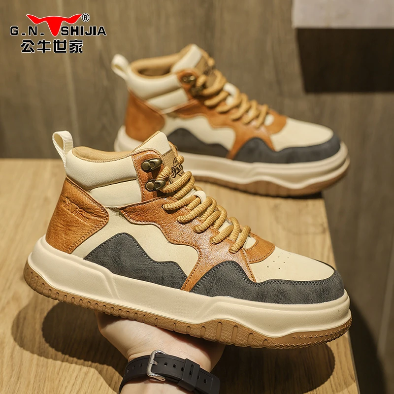 公牛世家张若昀同款男鞋高帮马丁靴秋冬新款增高板鞋百搭休闲鞋子