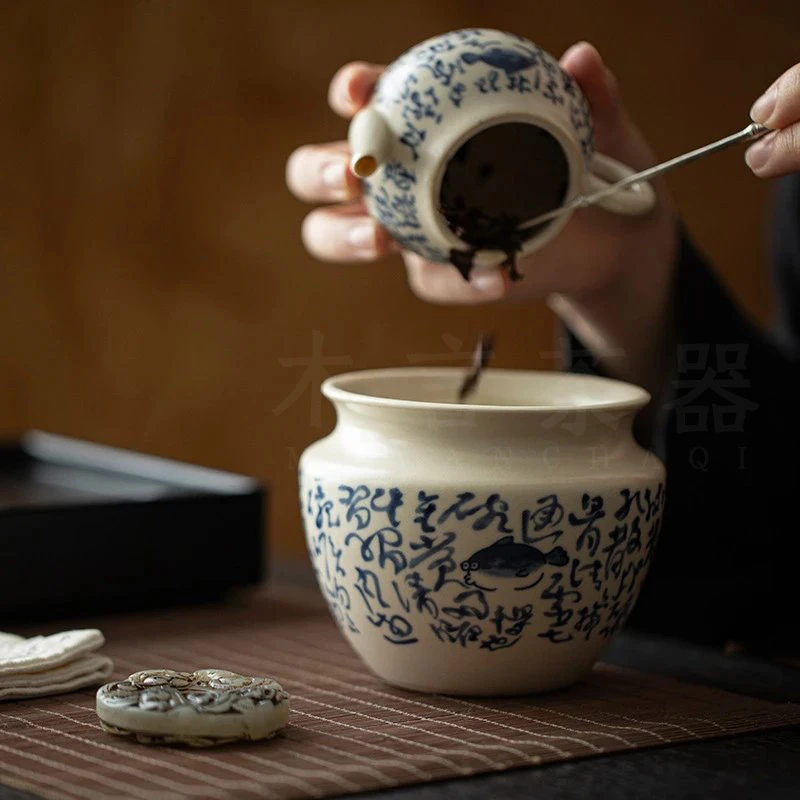 苏打釉诗文有鱼建水茶渣缸陶瓷功夫茶具废水缸水盂笔洗茶道零配