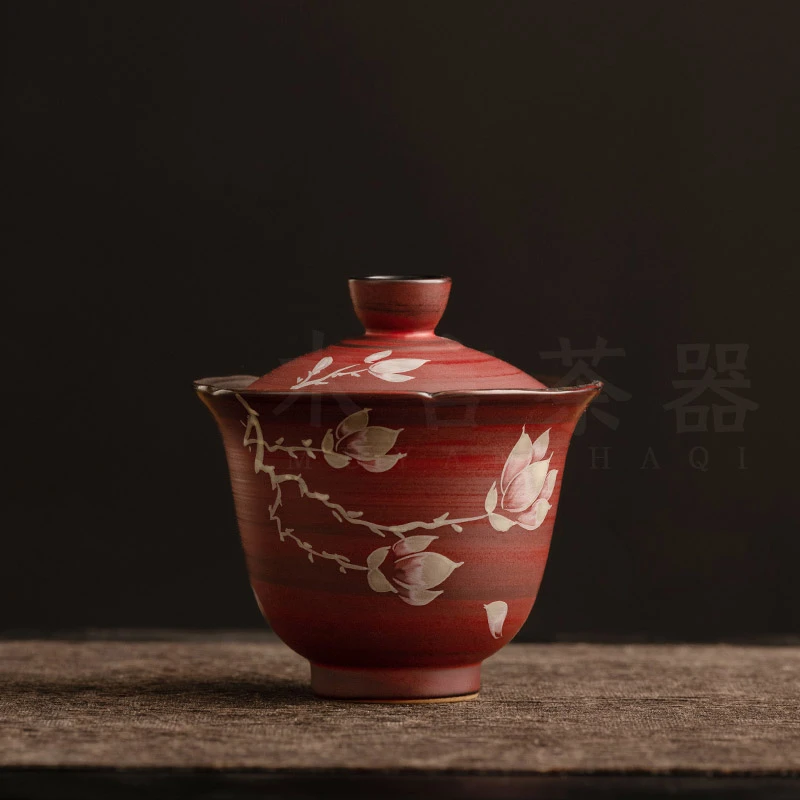 粉引山楂红盖碗二才陶瓷功夫茶具复古家用敬茶碗泡茶高档喝茶简约