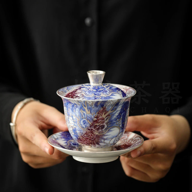 鎏银龙腾四海铃铛三才盖碗青花釉里红泡茶碗家用陶瓷沏茶碗喝茶碗