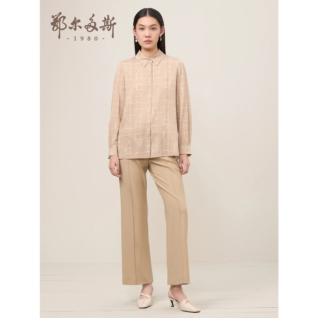 鄂尔多斯1980女装 早春女士 通勤风翻领衬衫上衣 休闲舒适