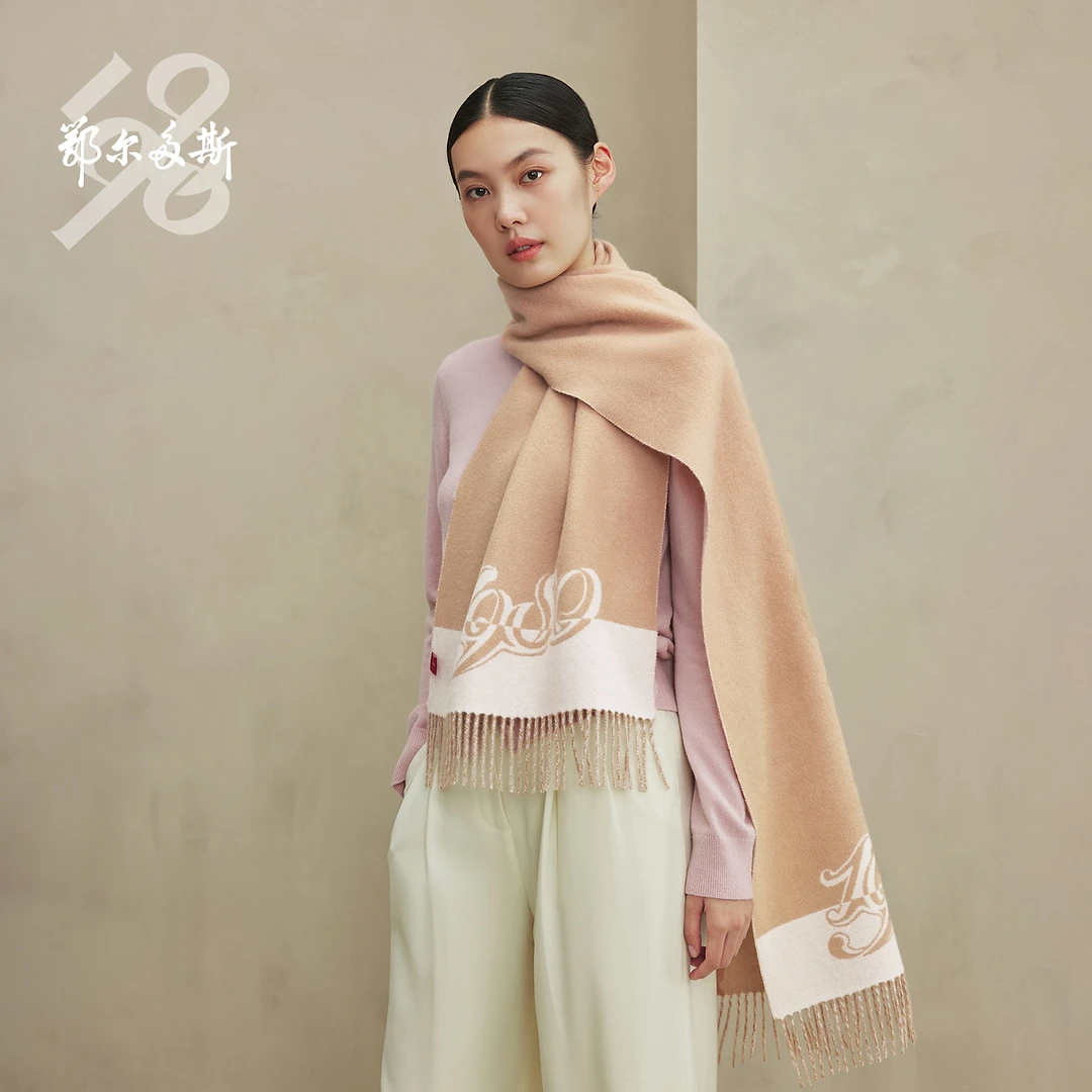 鄂尔多斯1980纯羊绒双层轻起毛提花装饰围巾女羊绒围巾秋冬