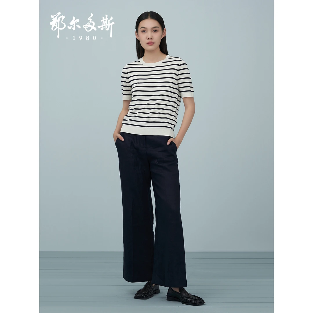 【桑蚕丝】鄂尔多斯1980女装 春夏 圆领夹条半袖针织套衫