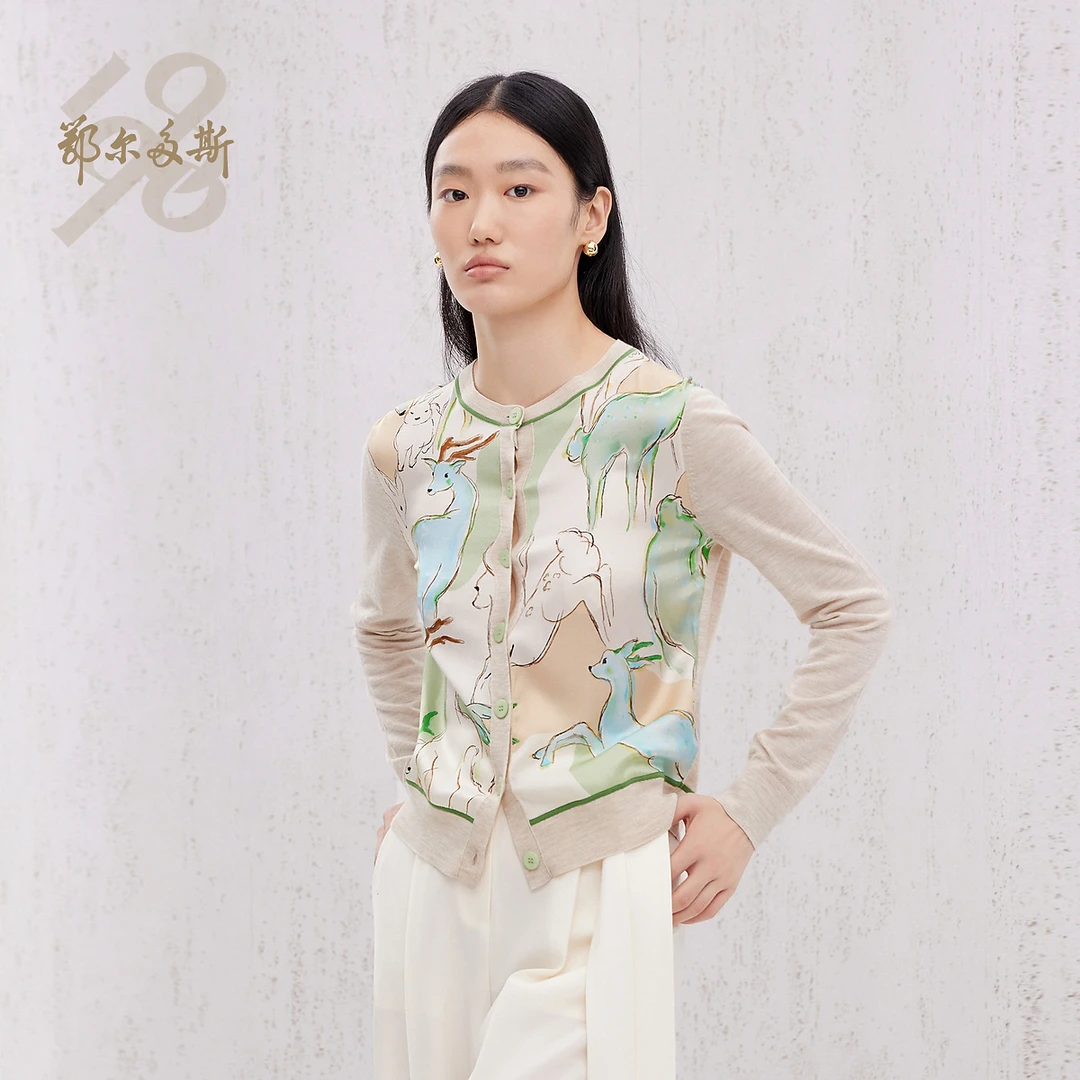 鄂尔多斯1980 春夏桑蚕丝羊毛小鹿印花开衫女轻薄针织开衫