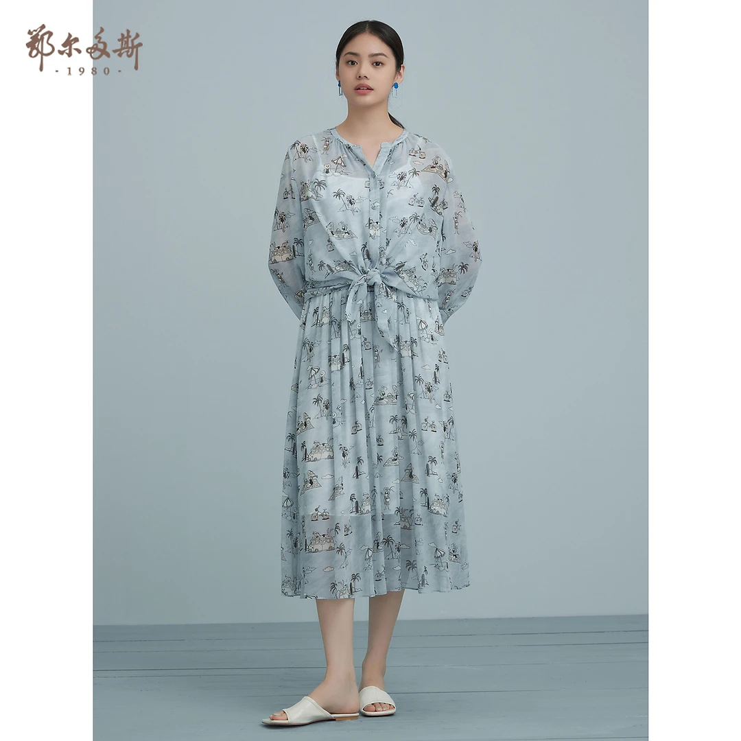 鄂尔多斯1980女装 圆领印花桑蚕丝长袖衬衫两件套清爽百搭