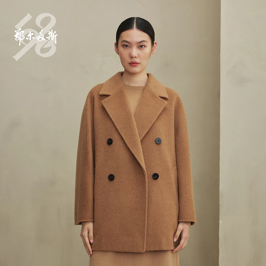 【温暖骆驼绒】鄂尔多斯1980水纹呢西装领大衣女短款毛呢大衣秋冬