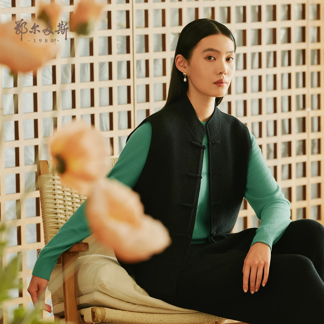 鄂尔多斯1980新品纯羊绒新中式领背心双提加厚女羊绒开背心24秋冬