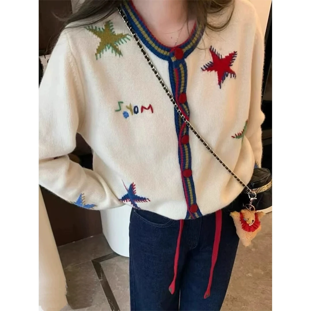 【韩系撞色圆领五角针织长袖星】时尚百搭彩色图案针织衫上衣女2024