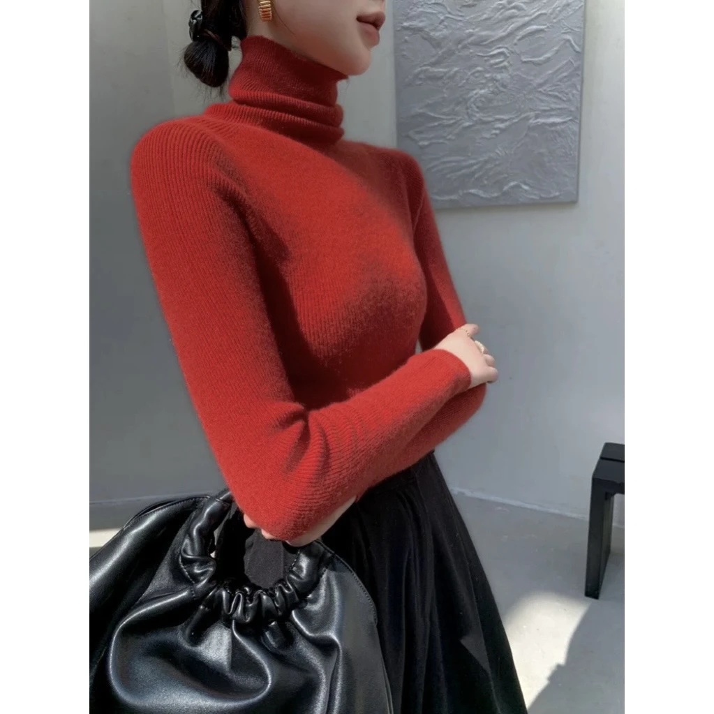 【无缝一体加厚高领全羊毛】冬季通勤堆堆领多色显瘦针织坑条打底衫