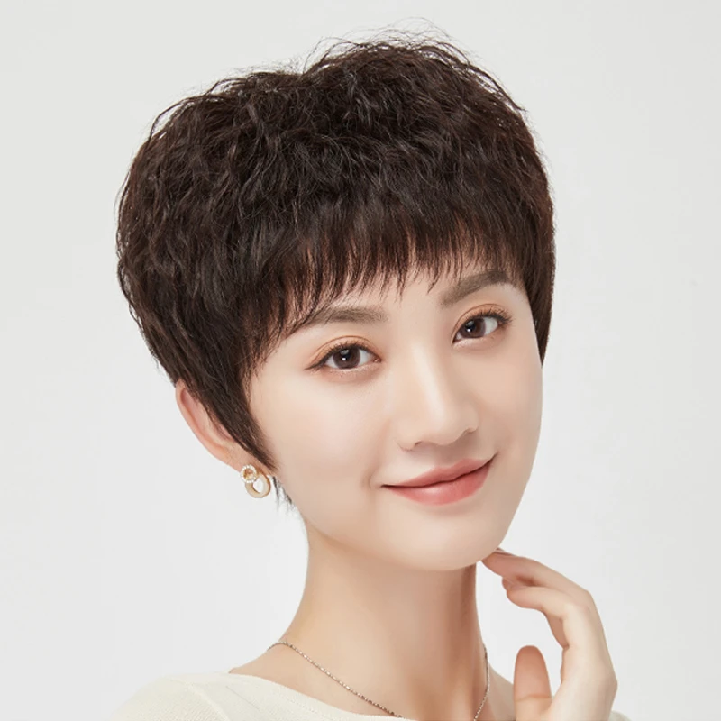 玉米烫精剪款全真发中老年女士短卷发持久烫真发妈妈全头发套轻薄