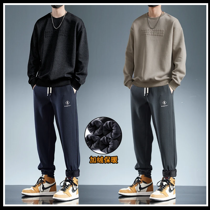 男士休闲套装秋冬新款加绒加厚潮牌圆领立体印花上衣宽松束脚卫裤