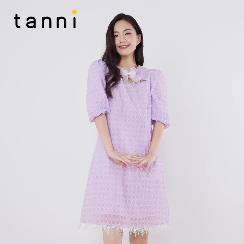 tanni2023春夏新款圆领小A镂空拼接网纱中长款连衣裙TM11DR042B