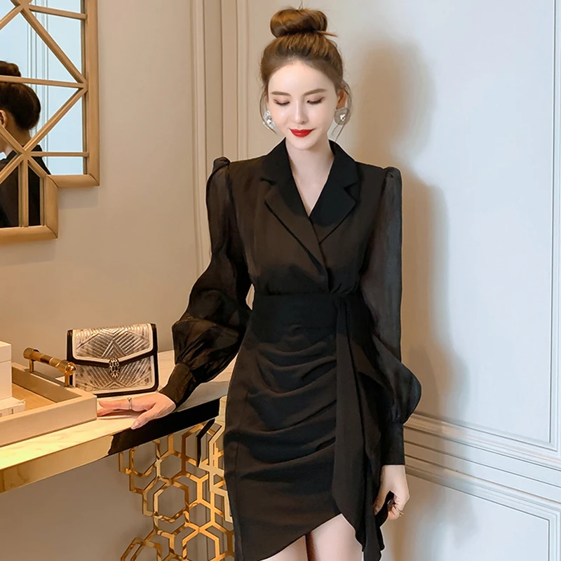 TW法式收腰西装领包臀短裙通勤长袖轻奢高腰修身显瘦连衣裙A8115