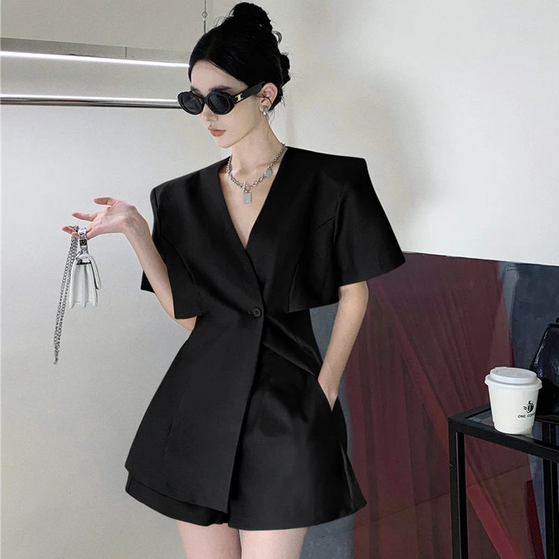 【两件套】新2025时尚套装露腰V领西装外套高腰短裤1629