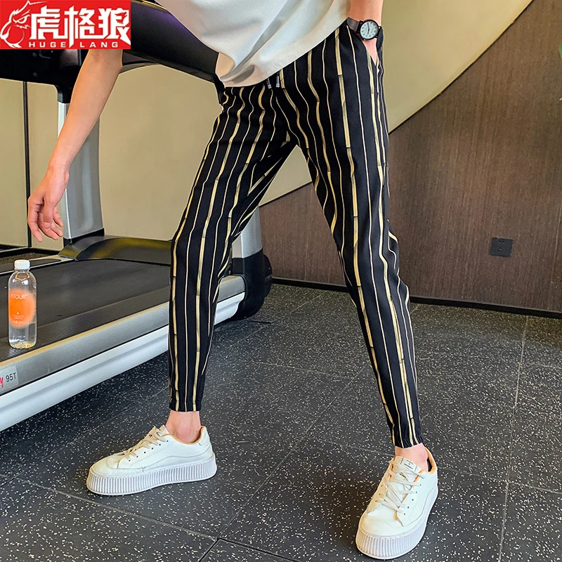 春夏季条纹裤子男网红痞帅潮流小脚裤2025夏季男裤潮牌运动休闲裤
